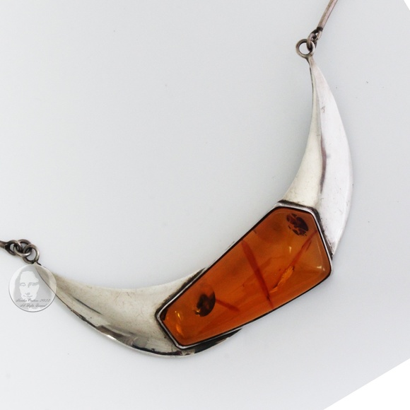 Vintage Necklace with Amber Pendant Abstract Artisan Silver Metal 90s Statement - Picture 5 of 8